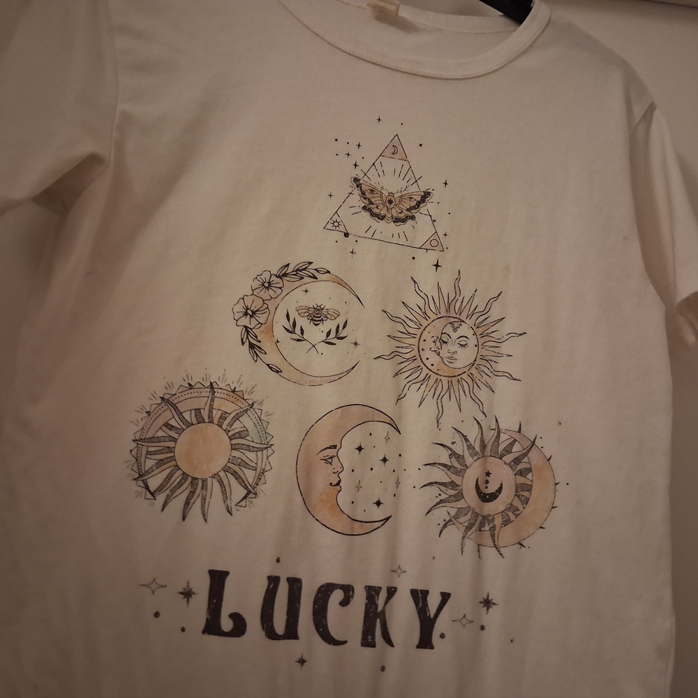 Lucky Brand White Graphic Short Sleeve Tee with Celestial Motif